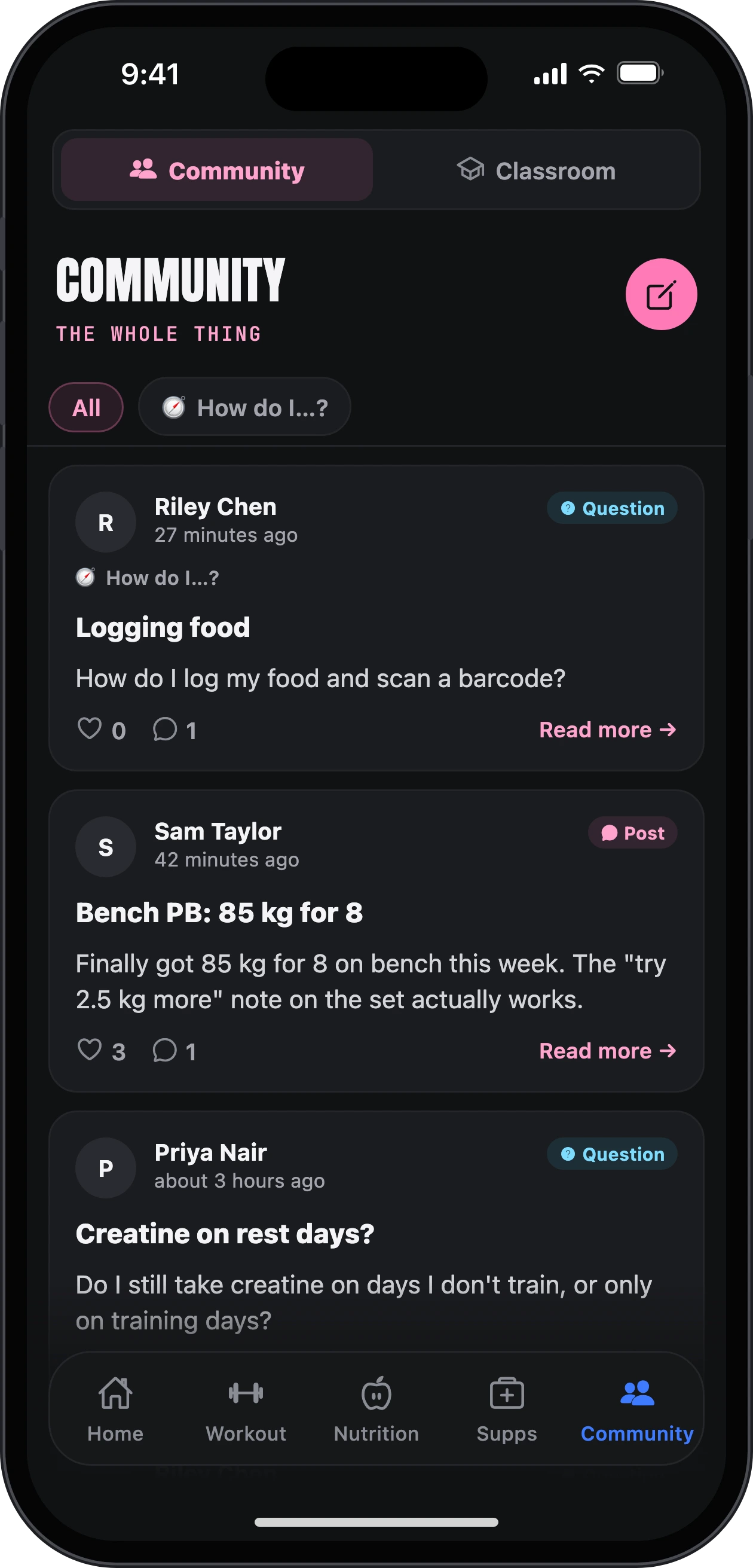 The community feed with categories: Wins, Questions, Nutrition and Training