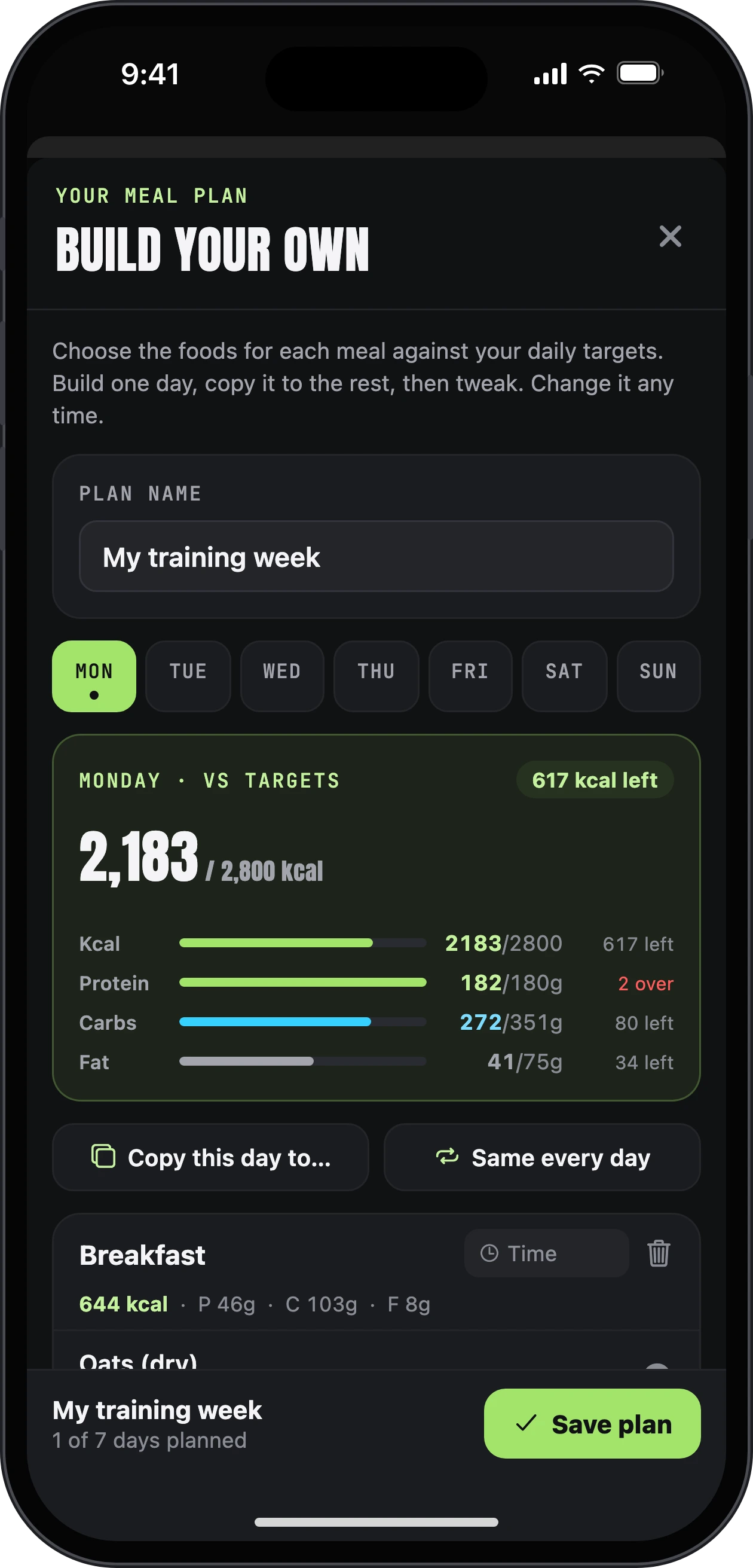 Build your own meal plan: Monday against its targets, 2,183 of 2,800 kcal with protein, carbs and fat, plus Copy this day and Same every day