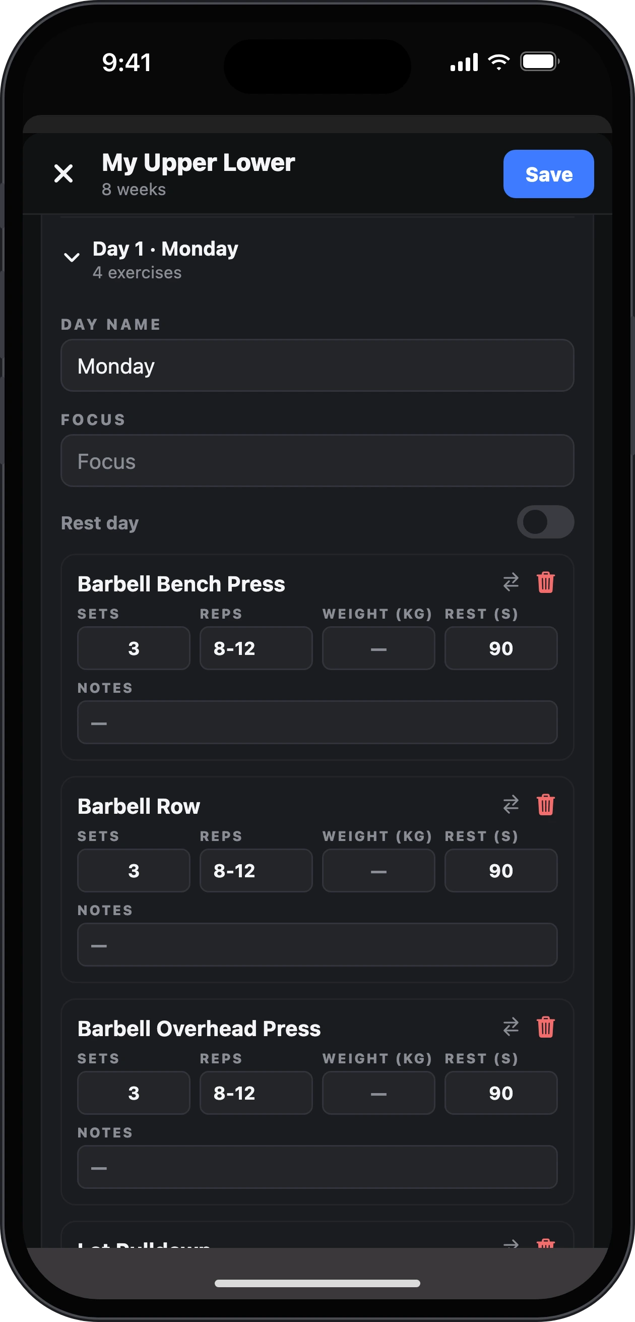 Build your own program: Monday with Barbell Bench Press, Barbell Row and Overhead Press, each with sets, reps, weight and rest