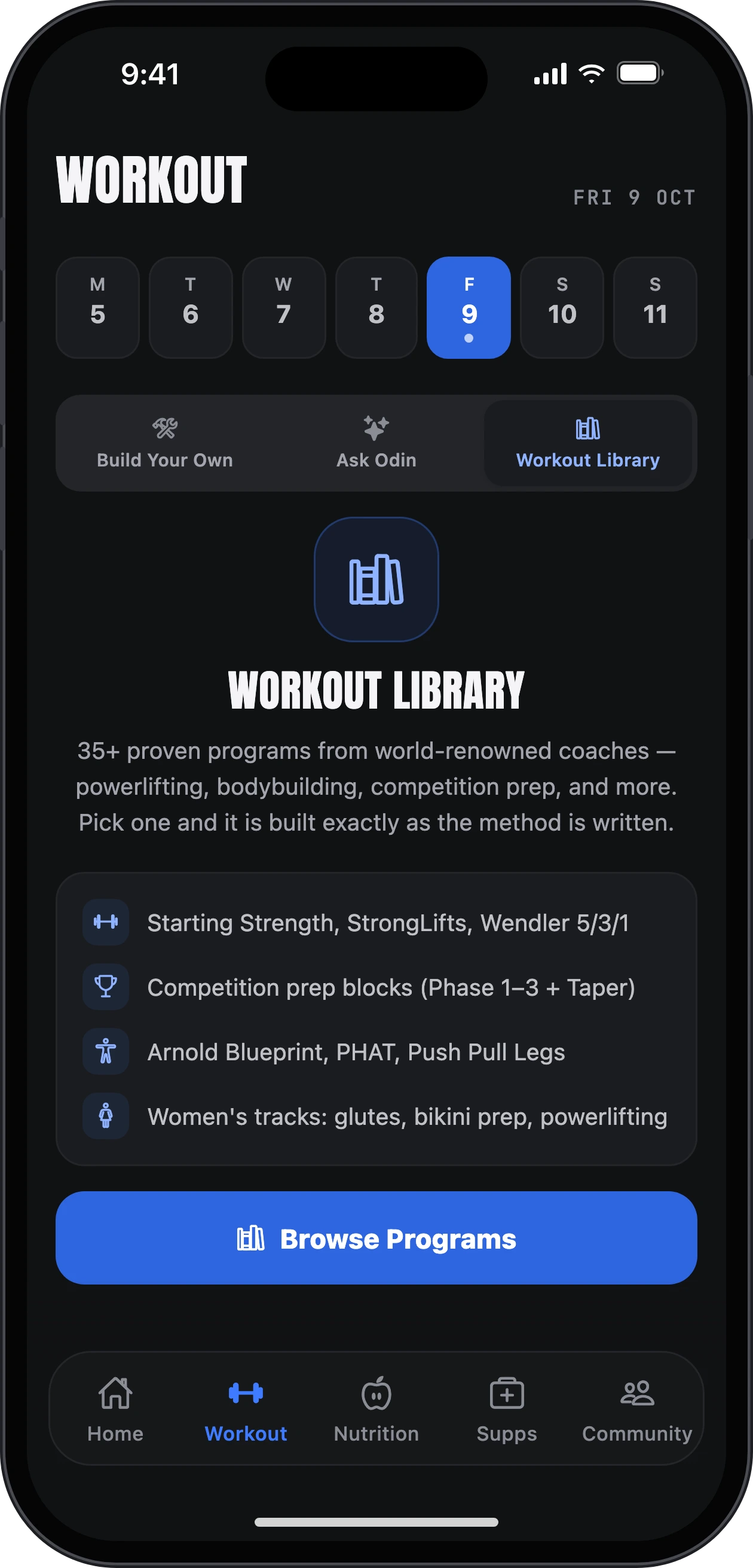 Getting a program: the Workout Library tab with 35+ proven programs