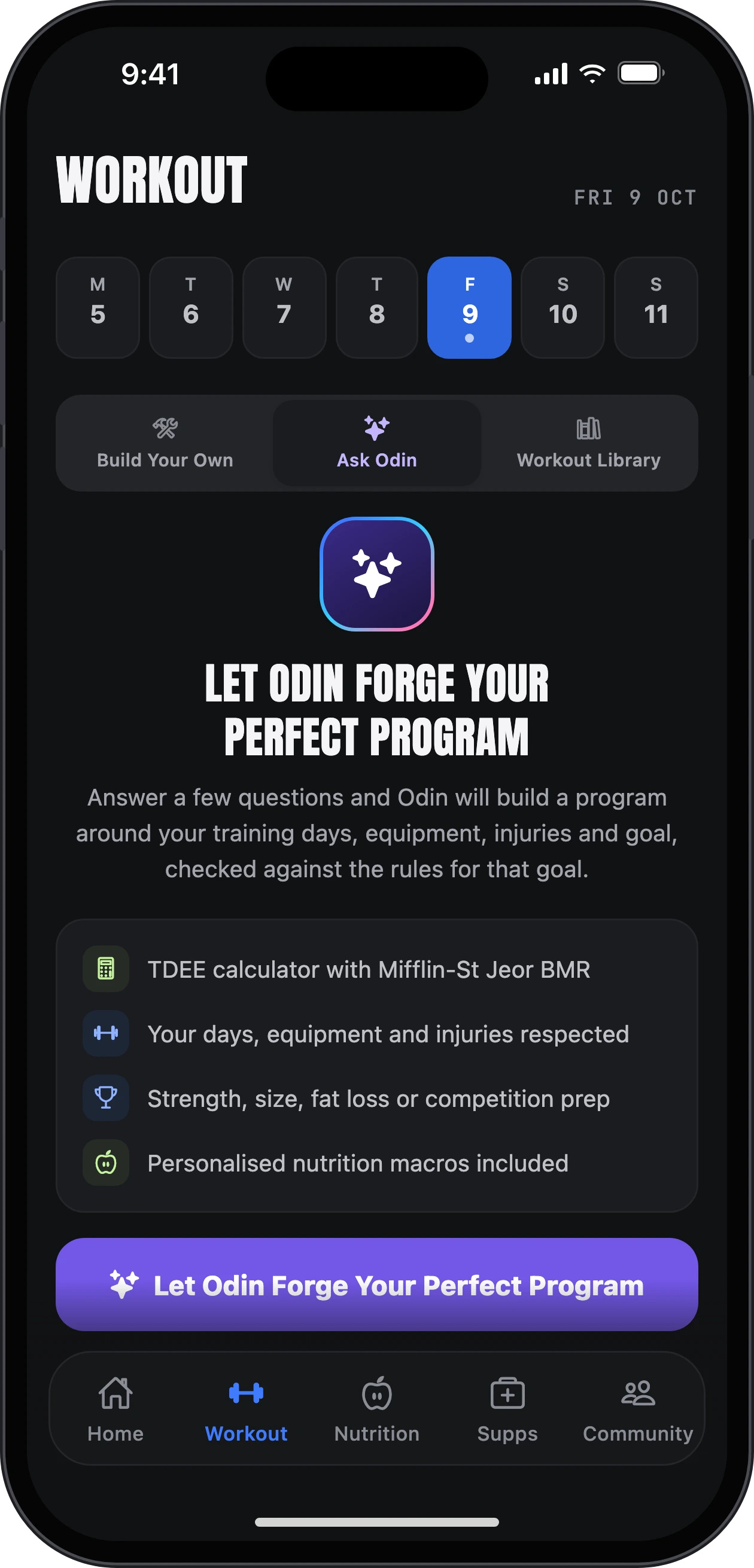 Getting a program: the Ask Odin tab, where Odin builds one from a few questions