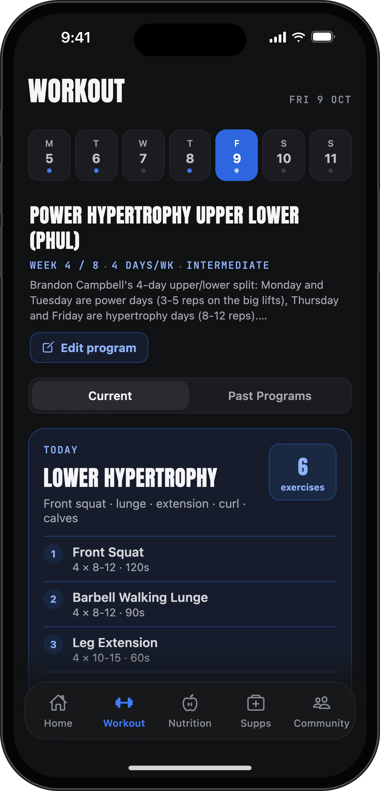 The Workout tab: the week, the PHUL program in week 4 of 8, and today's session with its exercises