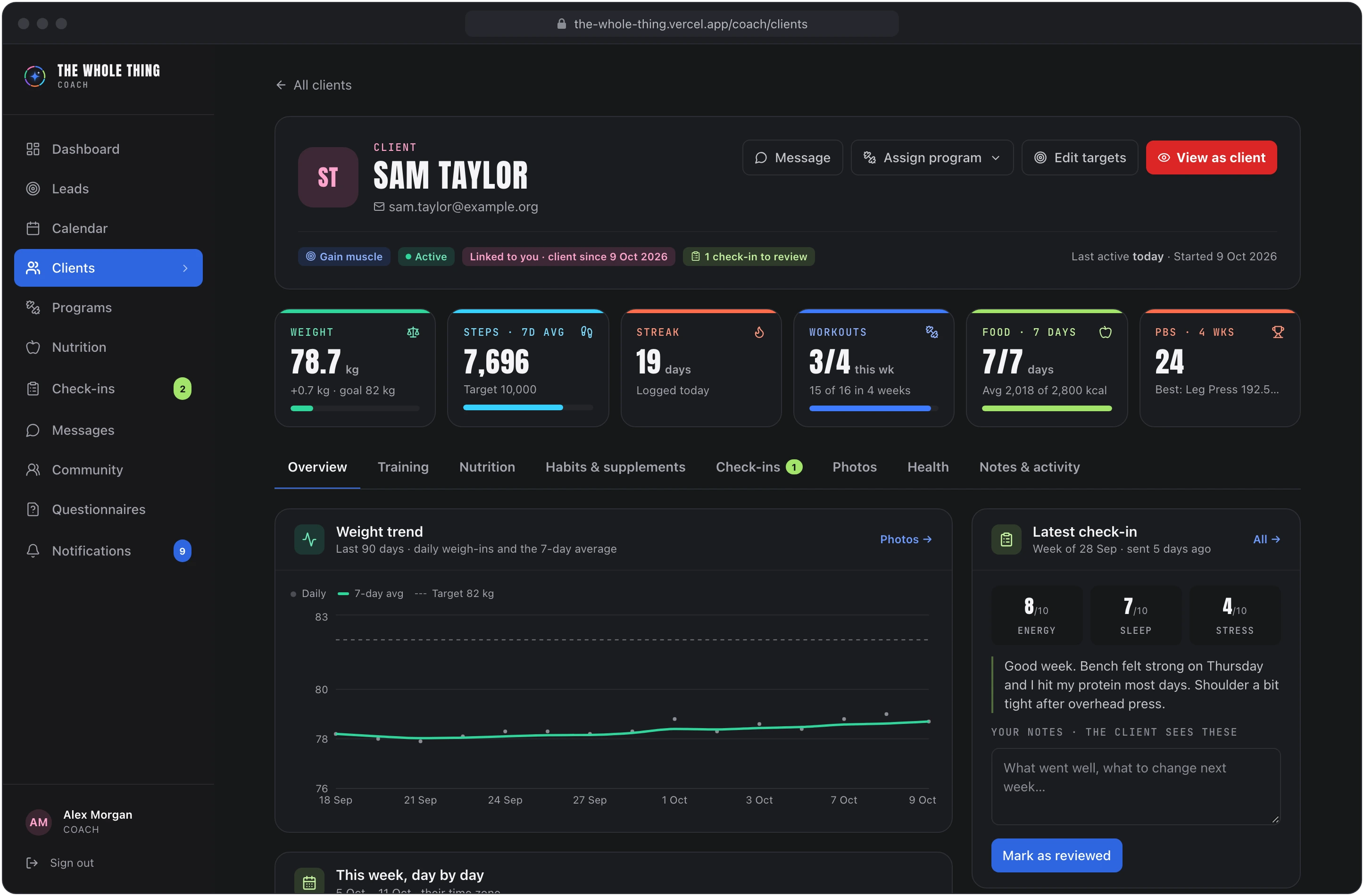 A client's profile in the coach portal: weight, steps, streak, workouts, food and personal bests, a 90-day weight trend and the latest check-in to review