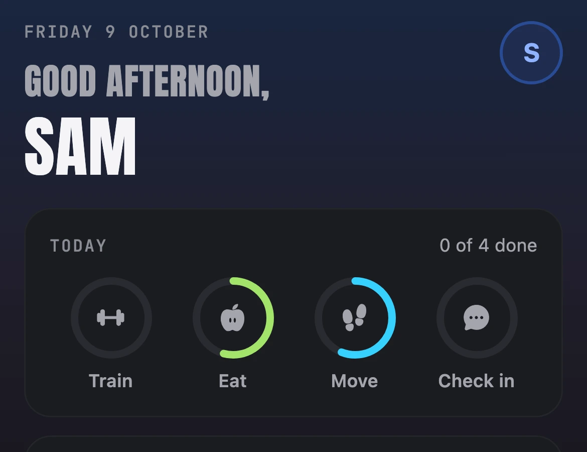 Home: today's rings for train, eat, move and check in