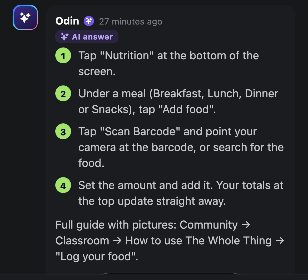 An automatic answer from the guides to "How do I log my food and scan a barcode?": four numbered steps and a link to the lesson