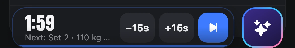 The rest timer, 1:58 left with the next set, −15 s, +15 s and skip, beside the Odin button