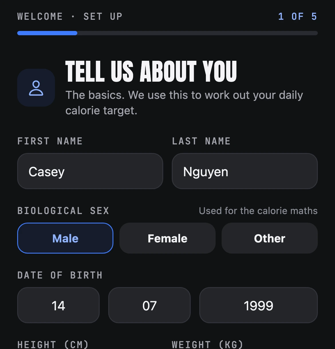 The start-up questionnaire, step 1 of 5: name, sex and date of birth
