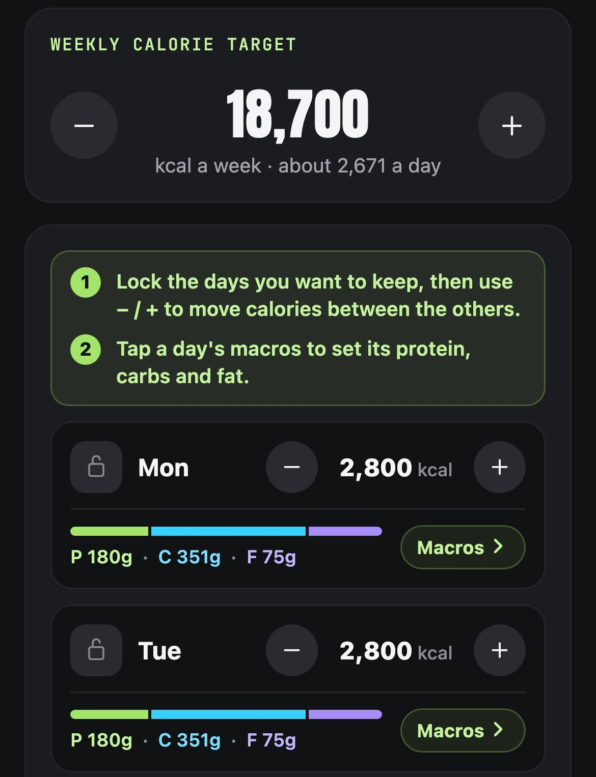 The weekly plan: 18,700 kcal a week, with Monday and Tuesday each at 2,800 kcal, a lock and their macros